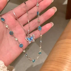 Blue Crystal Butterfly Necklace for Women Spicy Girls Double Layer Choker Clavicle Chain Jewelry Gift