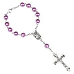 8MM Purple Glass Prayer Beads Bracelet For Women Vintage Crucifix Cross Charm Rosary Bracelet Female Party Jewelry Gift