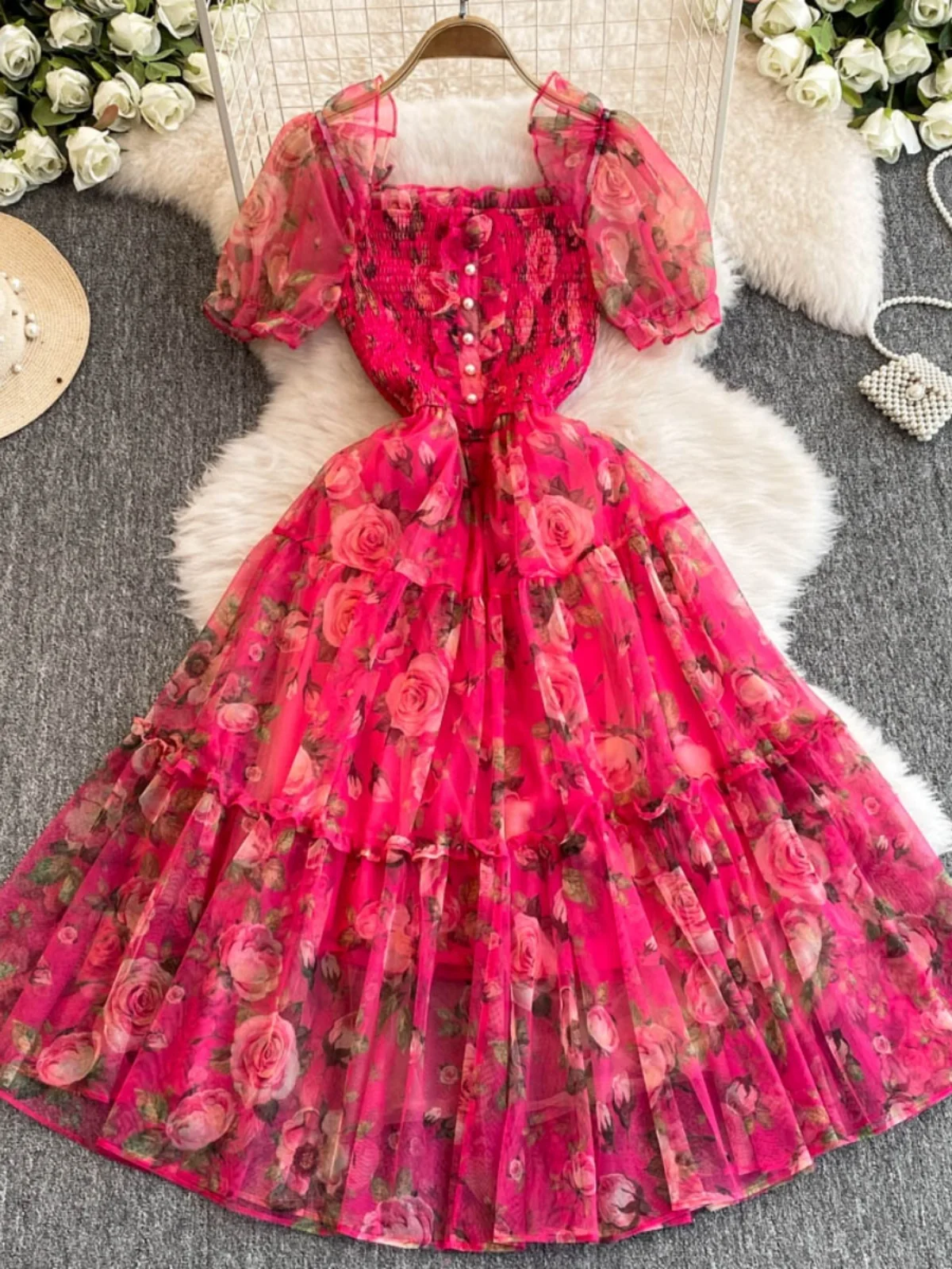 Ele Bloemenprint Vierkant Ne Dr Retro Sweetn Zout en Sweetn Initial Love Tea Break Rok Woon-werkverkeer Koreaanse Sle B...