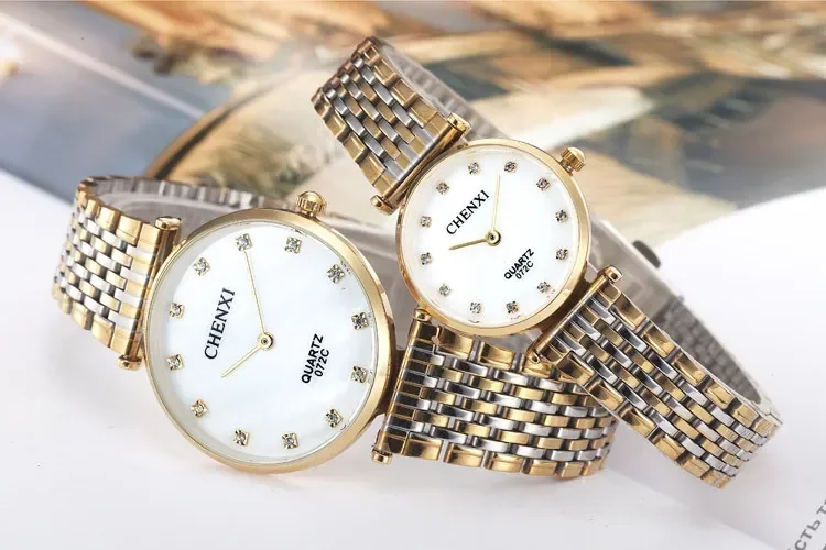 CX-072C Relojes ultrafinos Amantes Reloj de diamantes de imitación para hombres Reloj de pulsera de cuarzo para hombres y mujeres de acero inoxidable Mesa masculina de forma femenina