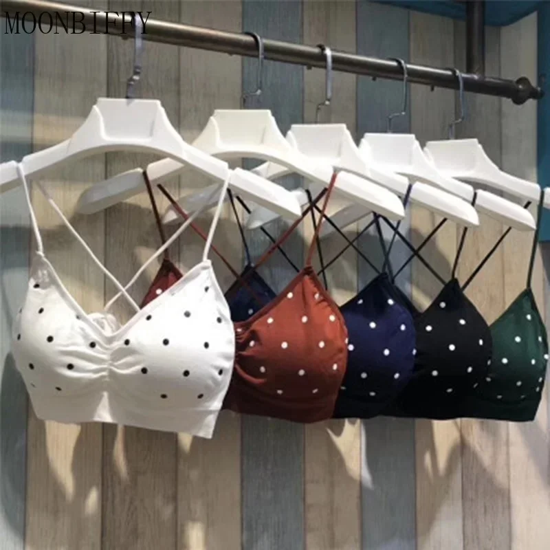 

Women Sexy Top Bra Backless Push Up Sports Bralette Polka Dot Print V Neck Brassiere Seamless Women Underwear Yoga Gym Bra