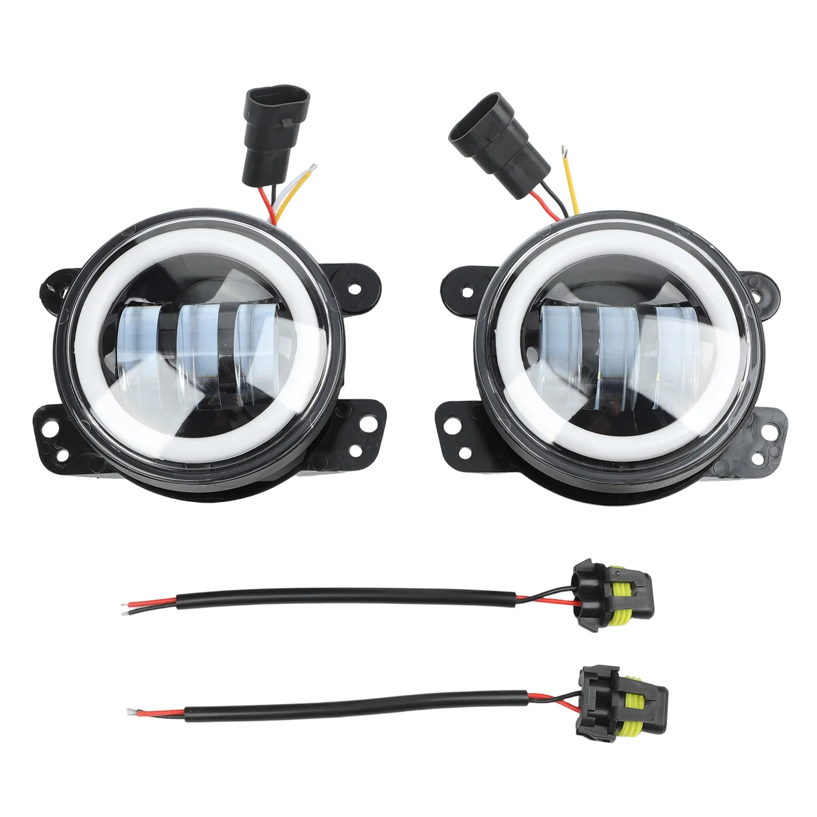 4 Inch LED Fog Light Pair Designed For Offroad Vehicle Headlight Systems With White Light And Yellow Ring Configuration
