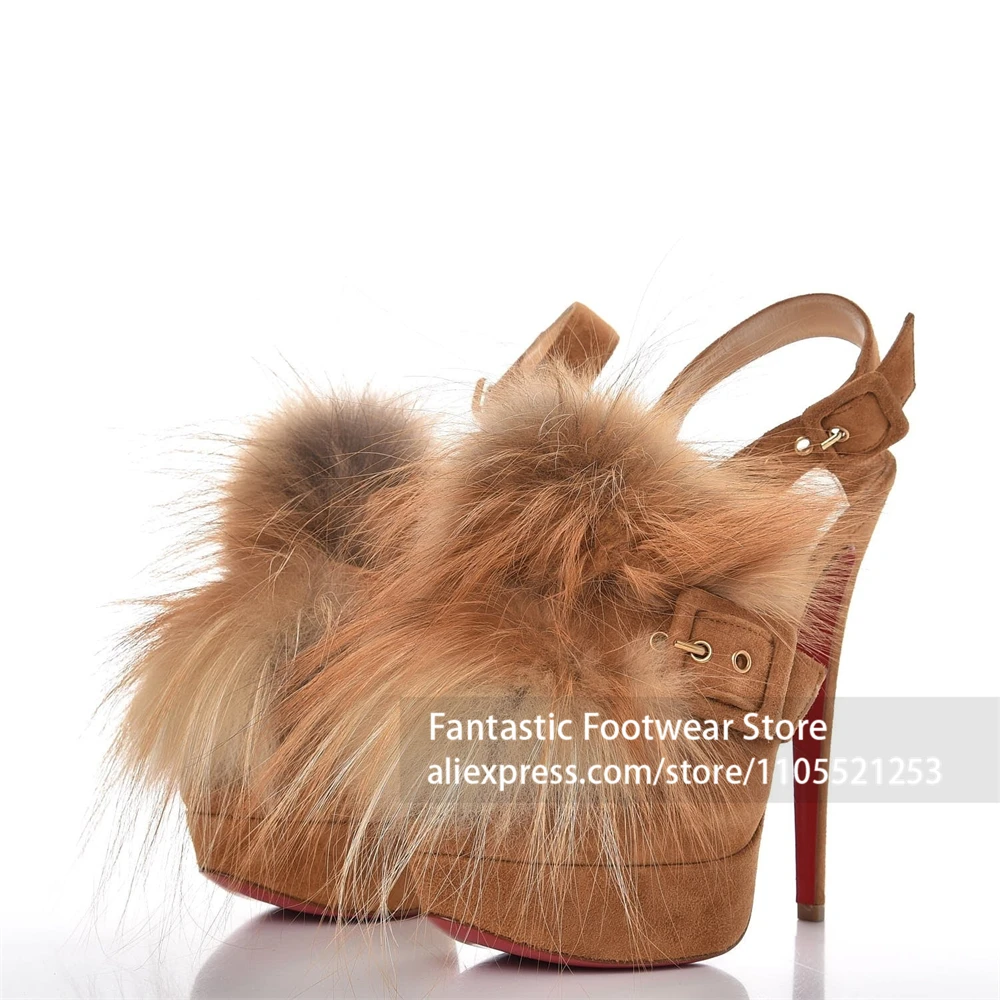 Camel Brown Suede Fluffy Fur Pom Pom Slingback Platform Stiletto Heels Peep Toe Buckle Strap Evening Party Dress Shoes for Women view 4