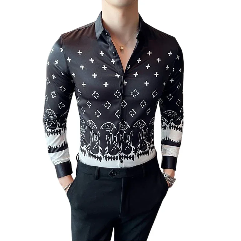 

2023 new shirt European and American temperament Men's personalized printing Korean version long-sleeved all-match shirtSlim fit