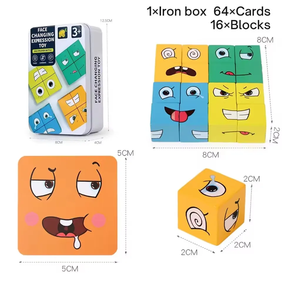 Jouets de cube de visage en bois pour enfants, blocs de construction, puzzle de dessin animé, puzzle Montessori, jeu de société, jouets familiaux, proxy