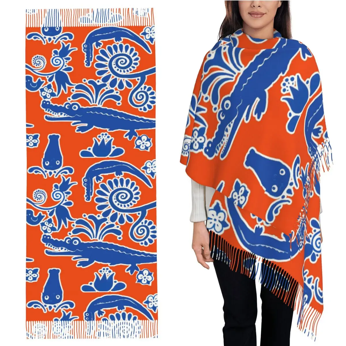 

Gator Toile Orange And Blue Scarf Tassel Scarves Women Soft Warm Shawls and Wraps Large Fall Winter Shawl Wrap