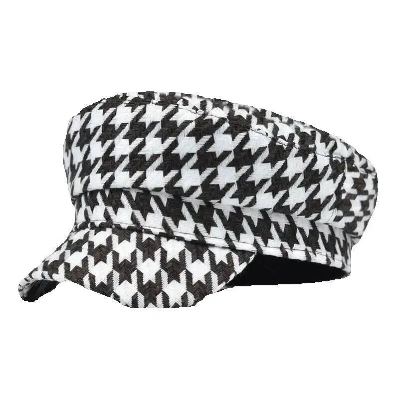 

Newsboy Hats and Caps Women's Octagonal Hat New Pure Cotton Flat Top Navy Hat For Women Summer Korean Version Houndstooth Versat