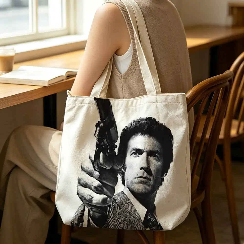 C-Clint Eastwood Graphic Tote Bag for Women Reusable Shopping Tote Bag Zippered Shoulder Bags Print