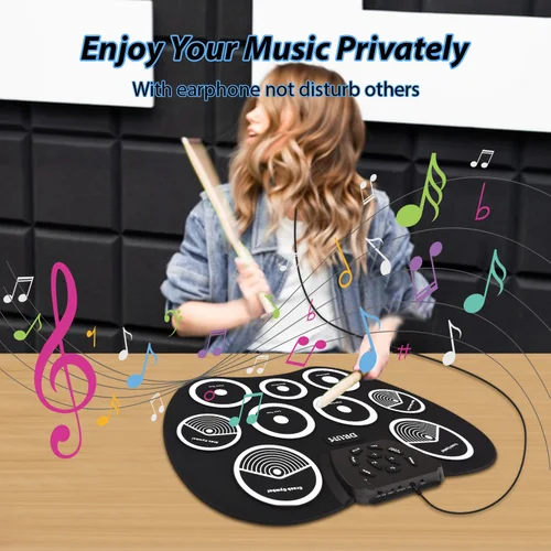 Imagen 2 del producto Juego de batería electrónica, batería enrollada a mano, interfaz MIDI de 9 almohadillas, compatible con juegos DTX, juego de batería portátil, regalos con pedales de baquetas