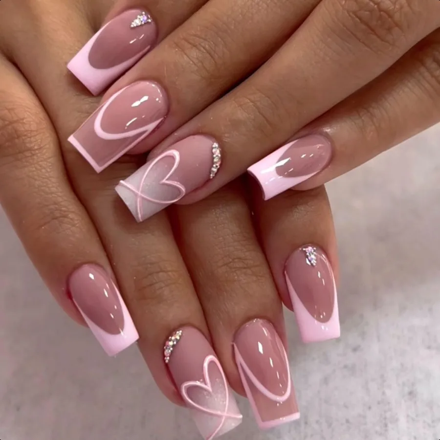 

Средний Pr on Nails Квадратный клей на ногти Светло-розовые французские накладные ногти 3D Стразы Акриловые ногти Сердце Накладные ногти Милый многоразовый