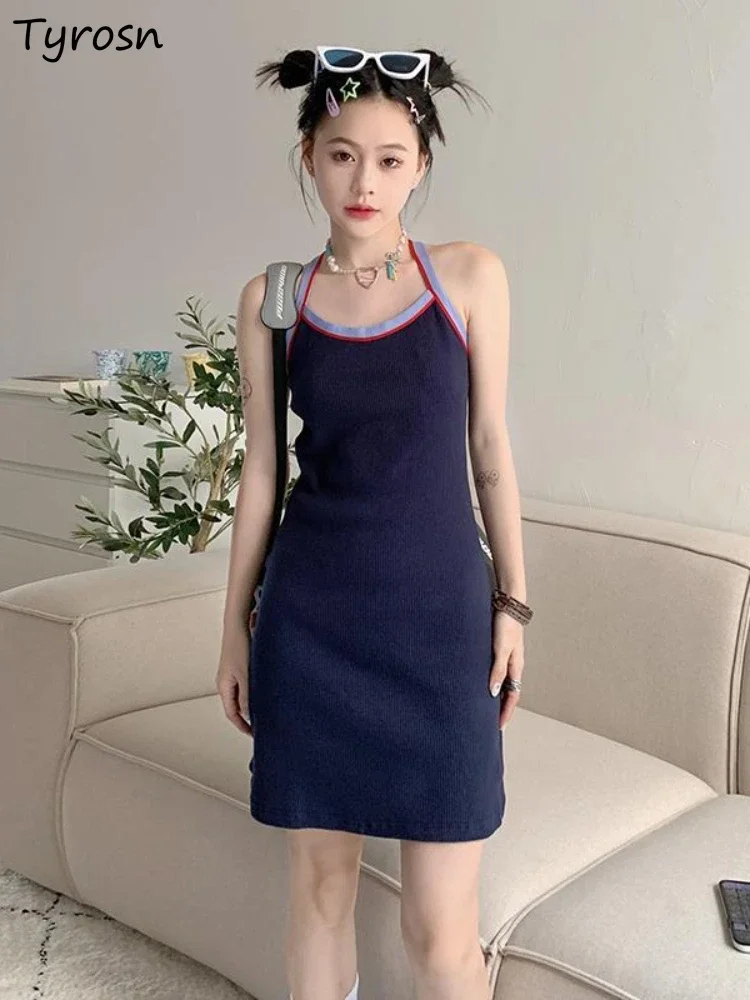 Mini Backless Dresses Women Design Students Knitting Leisure Daily Slim Elegant Empire Fashion Simple Korean Style Sleeveless