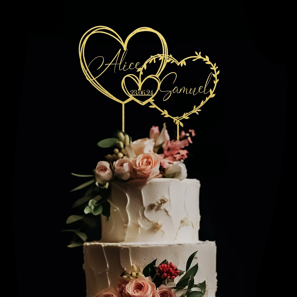 

Personalized Cake Topper in a Heart Shape,Couples Script Cake Topper for Wedding, Custom Name and Date Anniversary Cake Toppers