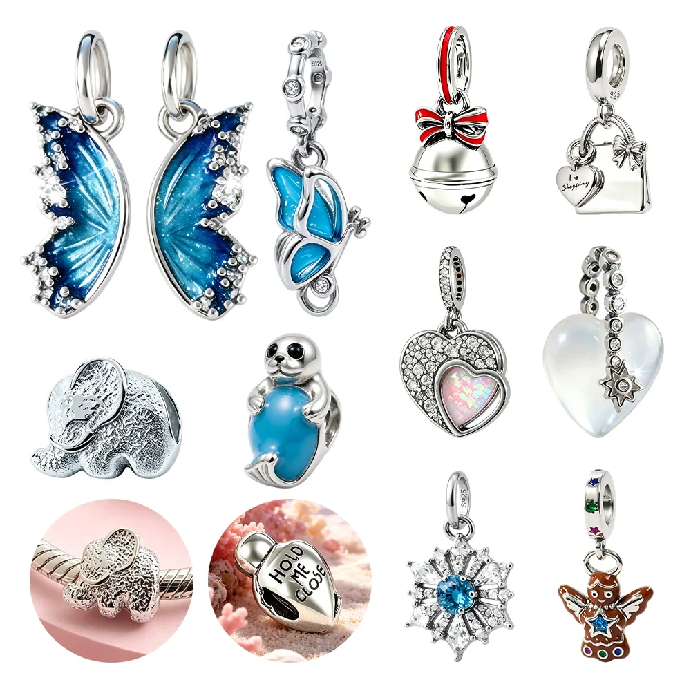 Abalorios Originales de Plata 925 con Circonita Azul, Mariposa, Copo de Nieve y Colgante de Amor, compatibles con Pulseras, Bolsos y Llaveros, para la Creación de Joyas