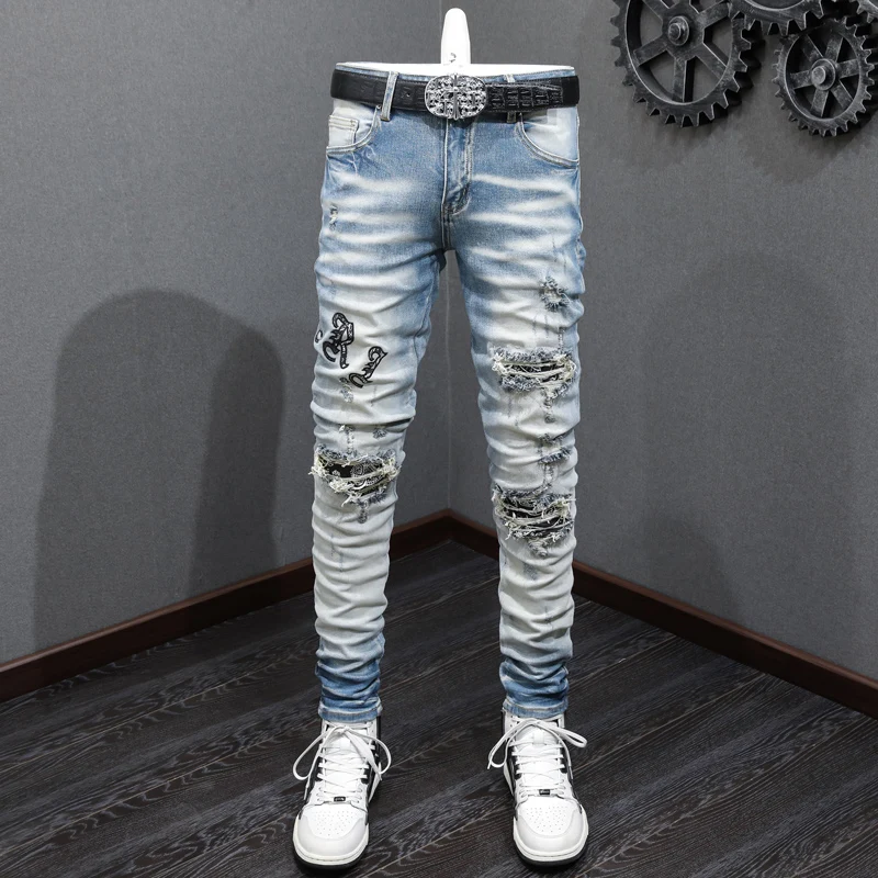 

Designer fashion new men's jeans retro blue ripped patch elastic slim fit jeans high street hip-hop brand pants hombre