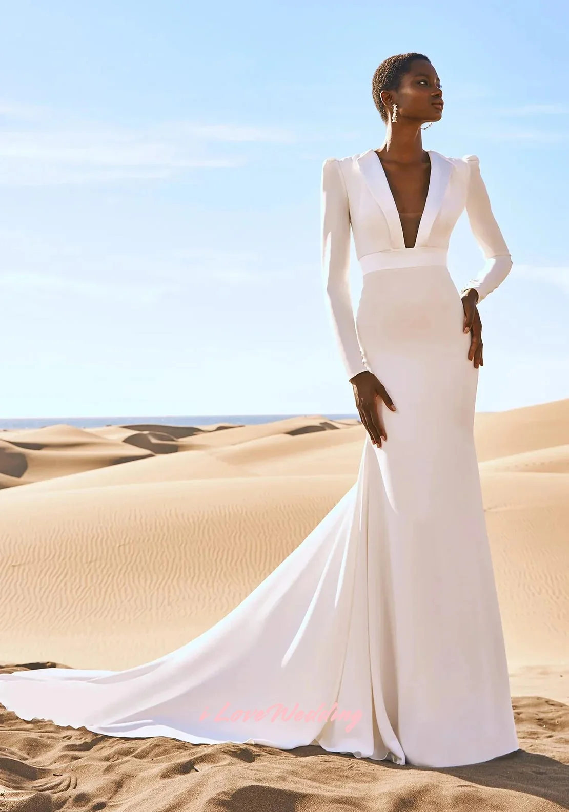 

White V-Neck Wedding Dresses 2025 Satin Long Sleeve Mermaid Floor-Length Chapel Train Pleated Wedding Party Dresses Customized