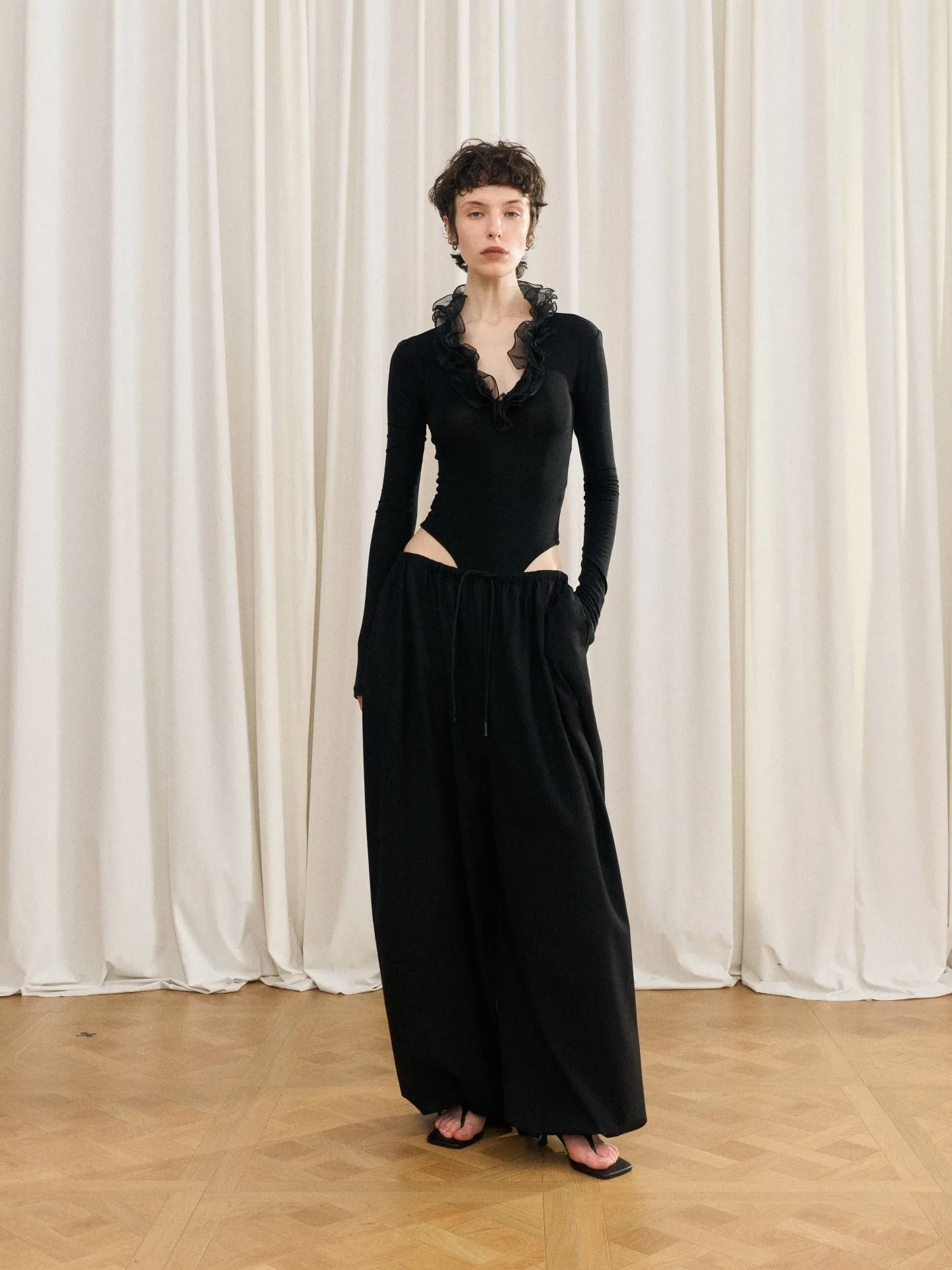 a Kind Ego Casual Wide Leg Pants Women's Loose Fit Comfortable Airy Feel Adjustable Wool Blend Lantern Pants