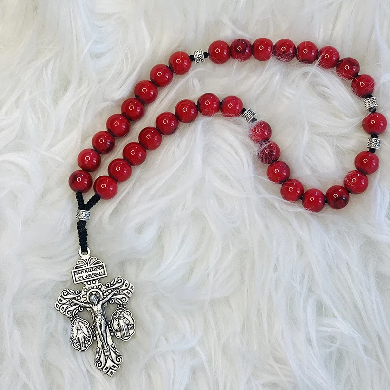 Red Handmade Beads Prayer Rosary Necklace Women Men Christian Catholic Cross Virgin Mary Crucifix Pendant Chain Religion Jewelry