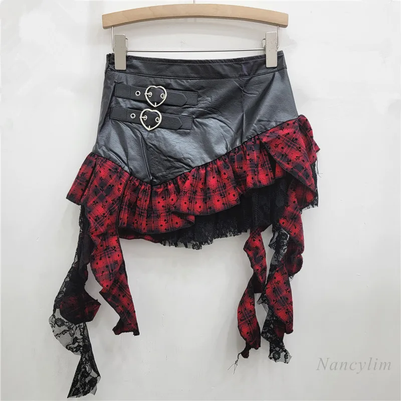 

Irregular Ruffle Edge Skirt Plaid Splicing Leather Love Buckle Personalized Retro Spice Girl Short Skirt Women Spring Autumn