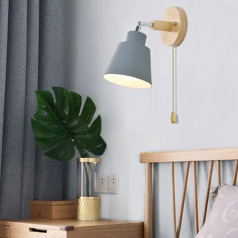 Nordic Wall Lamps With Switch Bedside Wall Light Modern Wooden Bedroom Bracket Steering Head Wall Sconce E27 Home Lighting