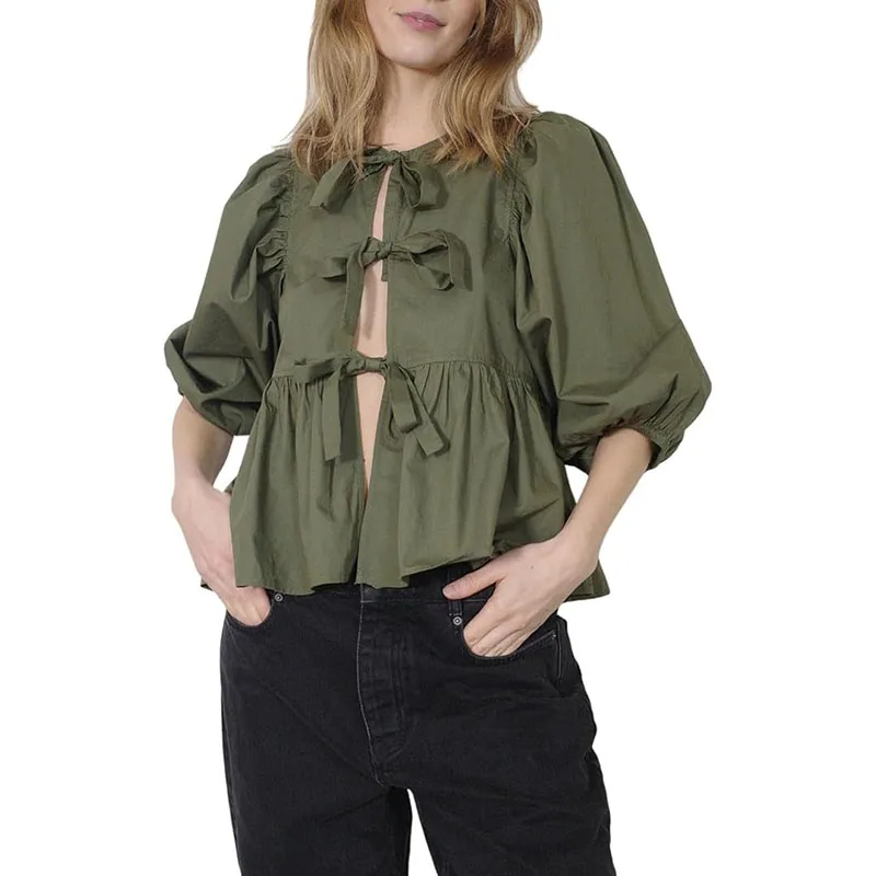 

Summer Sweet Lady Blouses Sexy Lace-up Hollow Out Cardigans Loose 3/4 Puff Sleeves Printing Tops Commuting Fashion Versatile Top