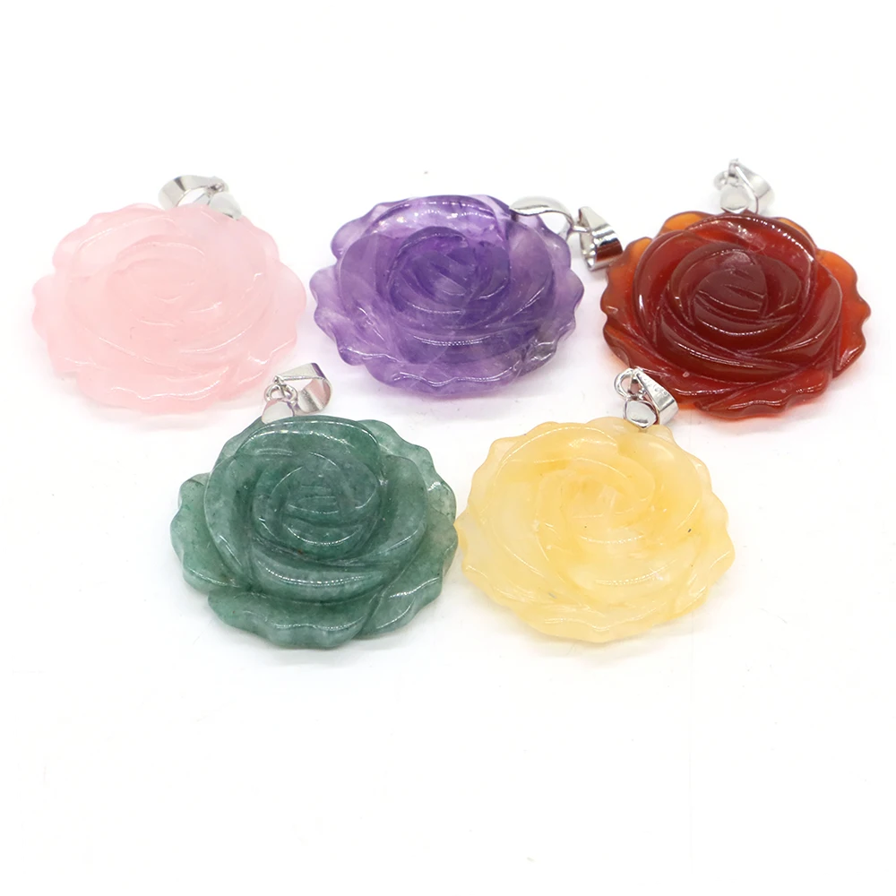 Natural Crystal Gem Necklace for Women Rose Flower Shape Hand Carved Pendant Jewelry Making Charm Accessories Valentine Gifts 1