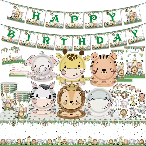 Jungle Animals Party Supplies Plates Tiger Lion Elephant Giraffe Animal Disposable Tableware Set for Safari Party Baby Shower