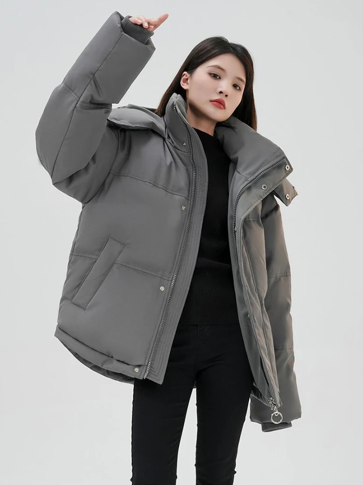 Winter Cotton Padded Puffer Parka Women Thick Warmer Loose Hooded Jacket Long Sleeve Pocket Zipper Coat Outerwear Female