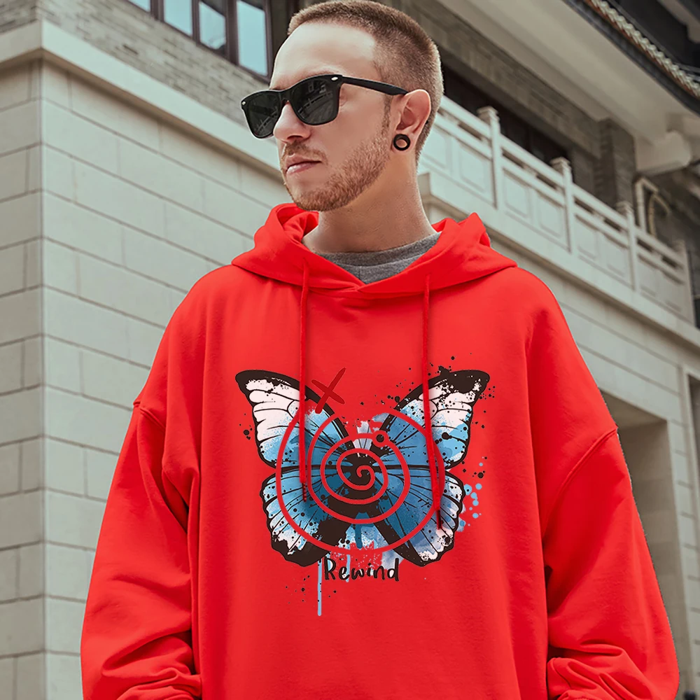 Rewind Coil Speckle Design Blue Butterfly Printing Couple Pullover Personality Oversize Tops Fashion Hip Hop Mens Cotton Hooded