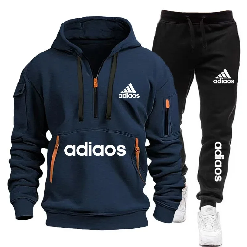 New Men's Sets Tracksuit Autumn Men Multi-pocket Zipper Hoodie + Sports Pants Two-piece Leisure Fitness Sports Men Clothing Set