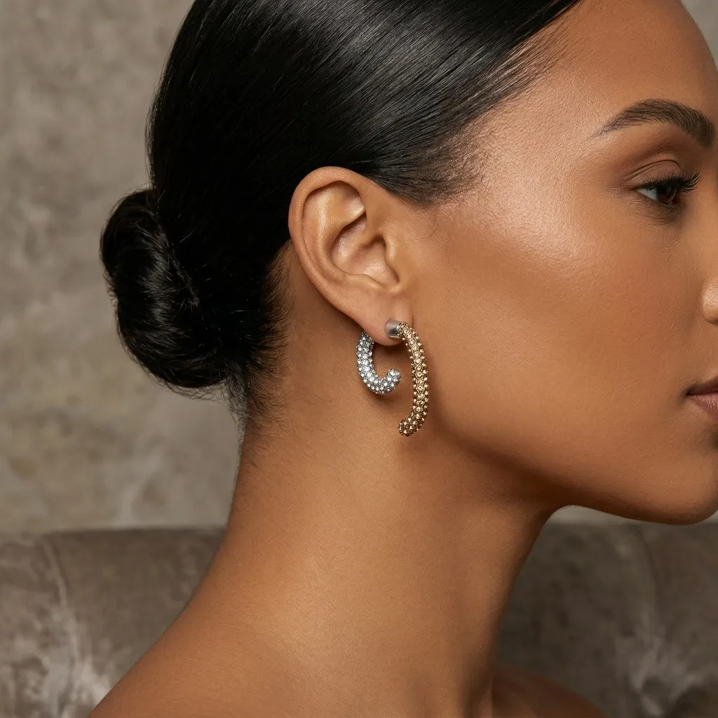  Einzigartige doppelschichtige C-förmige Ohrringe aus Edelstahl, luxuriöser Zirkon-Piercing-Schmuck für Damen, exquisiter Statement-Schmuck, wasserdicht, Geschenk. – Detail 9