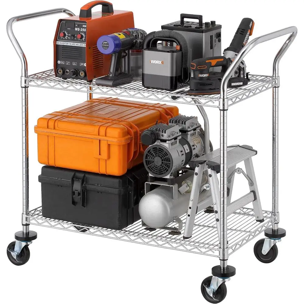 Коммерческая 2-уровневая универсальная тележка — сверхмощная, колеса и ручка, вместимость 500 фунтов, полки 20x36, сертифицированная NSF