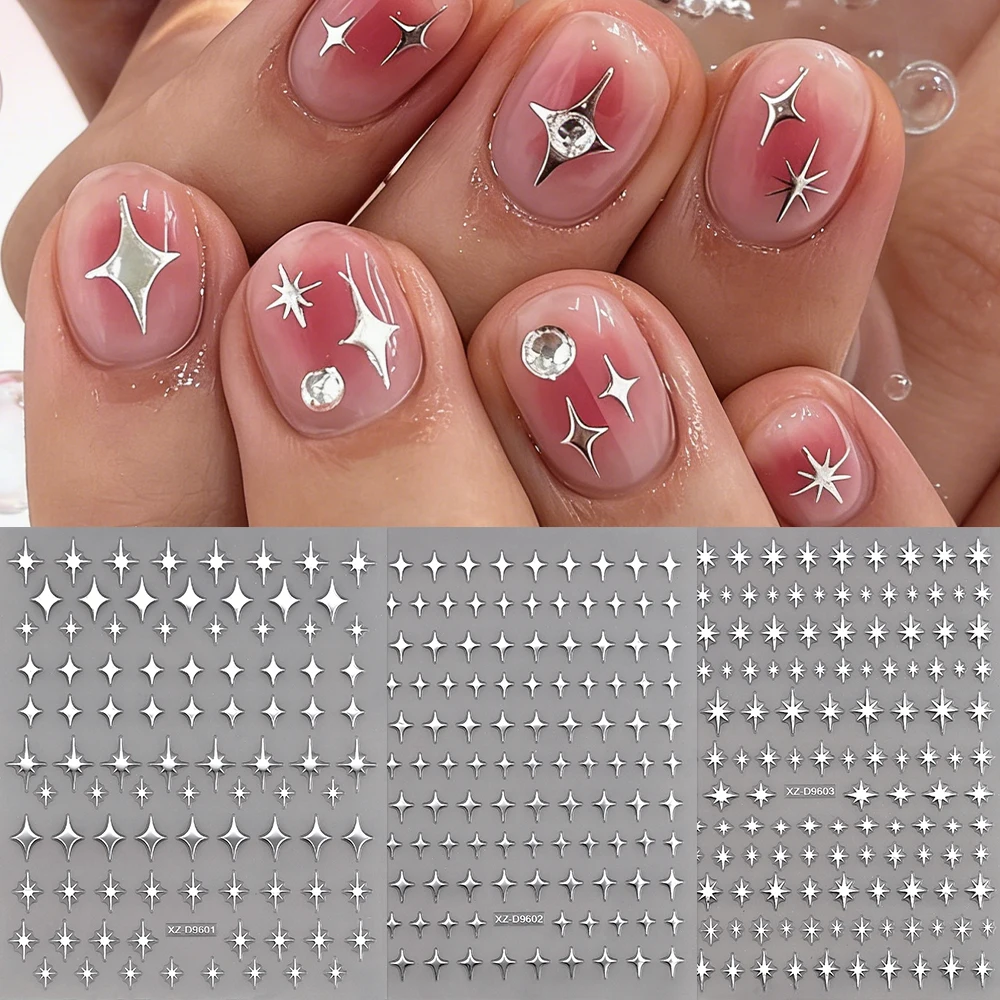 

6Pcs/set 3D Laser Metallic Sliver Pentagram/Letter Nail Sticker Y2K Mirror Sliver Starlight Decal Adhesive Bronzing Sliver Star