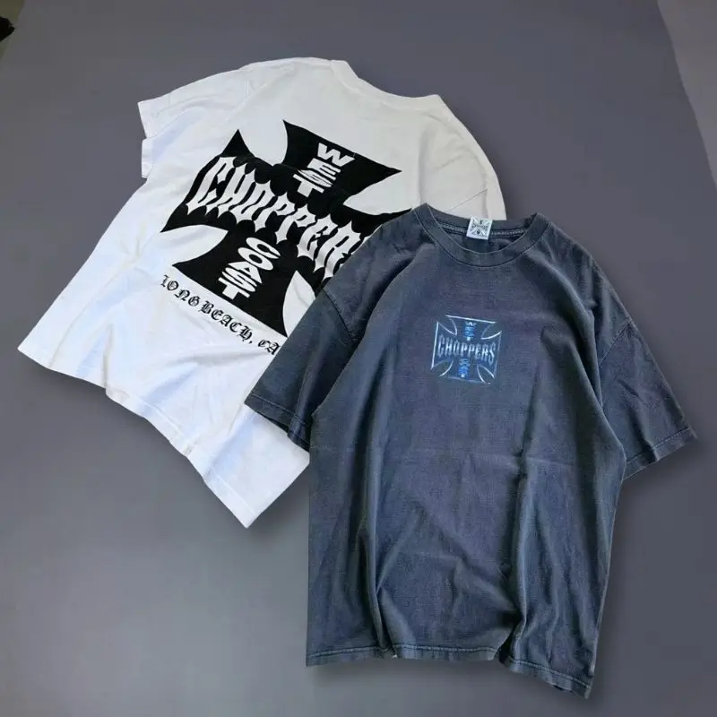 

Real Photo West Coast Choppers Tshirts Summer Vintage Men Women Cotton Cross Slogan Print Short Sleeve Loose Hiphop Street Tops