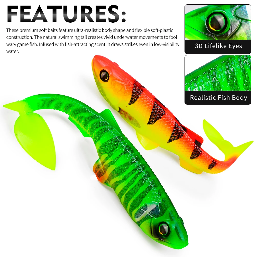 Sunlure 2/5/8 Stück T-Tail Weichköder mit 3D-realistischen Fischaugen, Swimbait, künstlicher Silikon-Shad-Köder für Bass, Salzwasser-Angelzubehör – Detail 4
