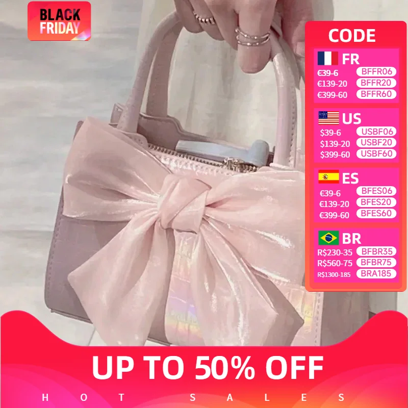 Bolsa de embreagem kawaii rosa bowknot para mulheres, bolsas de axilas femininas, bolsa quadrada pequena de ombro, bolsas de menina doce, verão