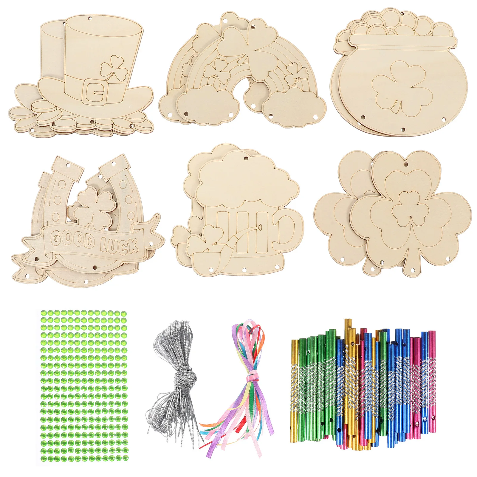 

1Set Wooden Wind Chimes Unfinished DIY Kit St Patrick Day Garden Hanging Decor Shamrock Wind Party Hanging Decor