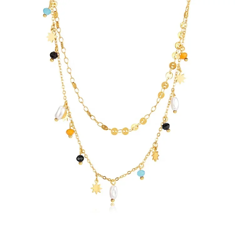 

New Fashion Design Double Chains Necklace With Many Colorful Pendant Stainless Steel 18K Gold Plated Necklaces For Women