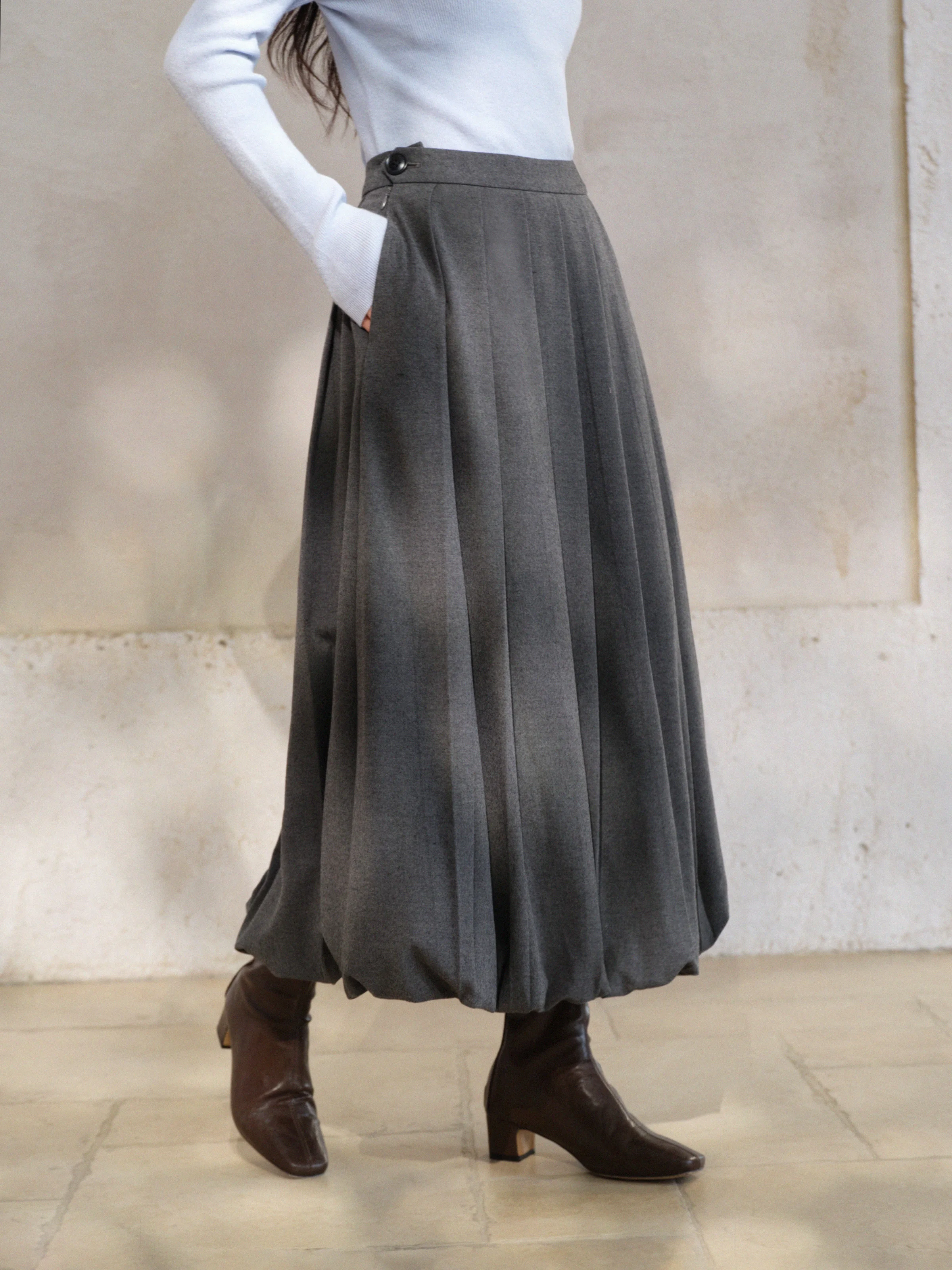 Eleganter Faltenrock mit hoher Taille, wollähnlicher Midi-A-Linien-Rock, Vintage-grauer, fließender Rock mit Puffsaum für Damen, lässiges, süßes Outfit