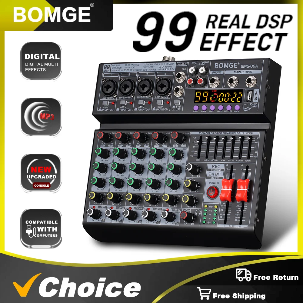 BOMGE 6 Channel Mixing Console 99 Effect 7 Band EQ Sound Audio Mixer USB PC Record Bluetooth AUX DJ