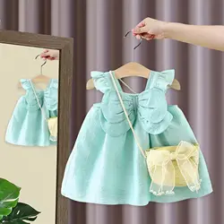 Summer Back Wing Cotton Small Flying Sleeves Baby Girl Dress Cute Beach Girl Princess Dress With Bag