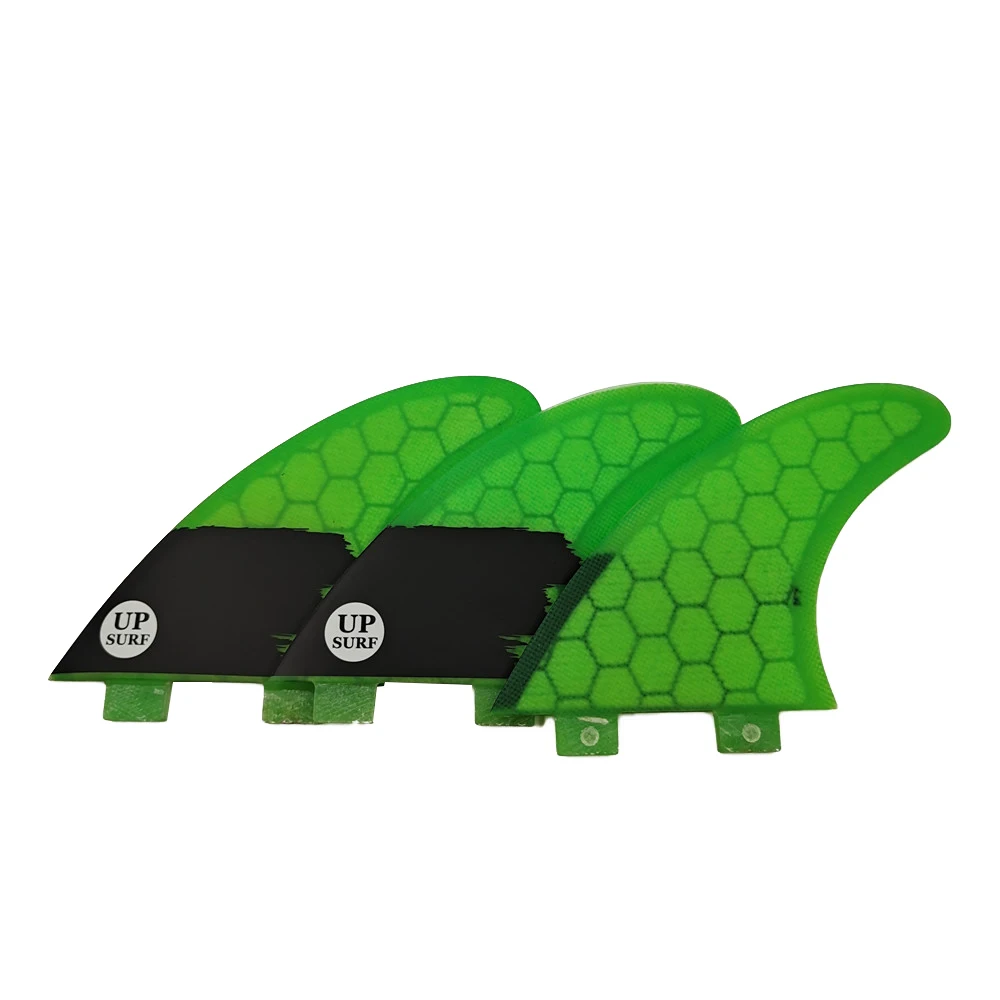 UPSURF FCS Fins Double Tabs AM2 Size Fins Honeycomb Fiberglass Material Surfboard 3 Pieces Per Set Green Color