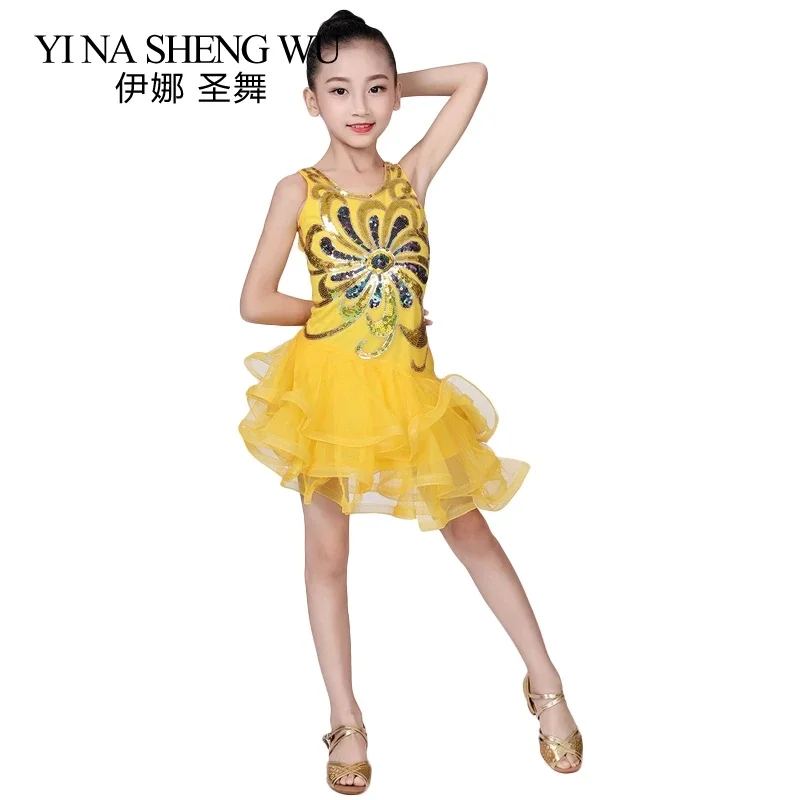 New Children Latin Dance Skirt Sequins Mesh Latin Dance Stage Performance Clothing 1Pc Girls Latin Tango Salsa Competition Dress