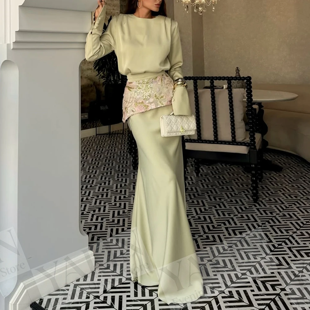 Women's A-line Evening Dresses Floor-length O-neck Full Sleeve Prom Dresses Fashion Sequined Flowers Draped Customized Gowns