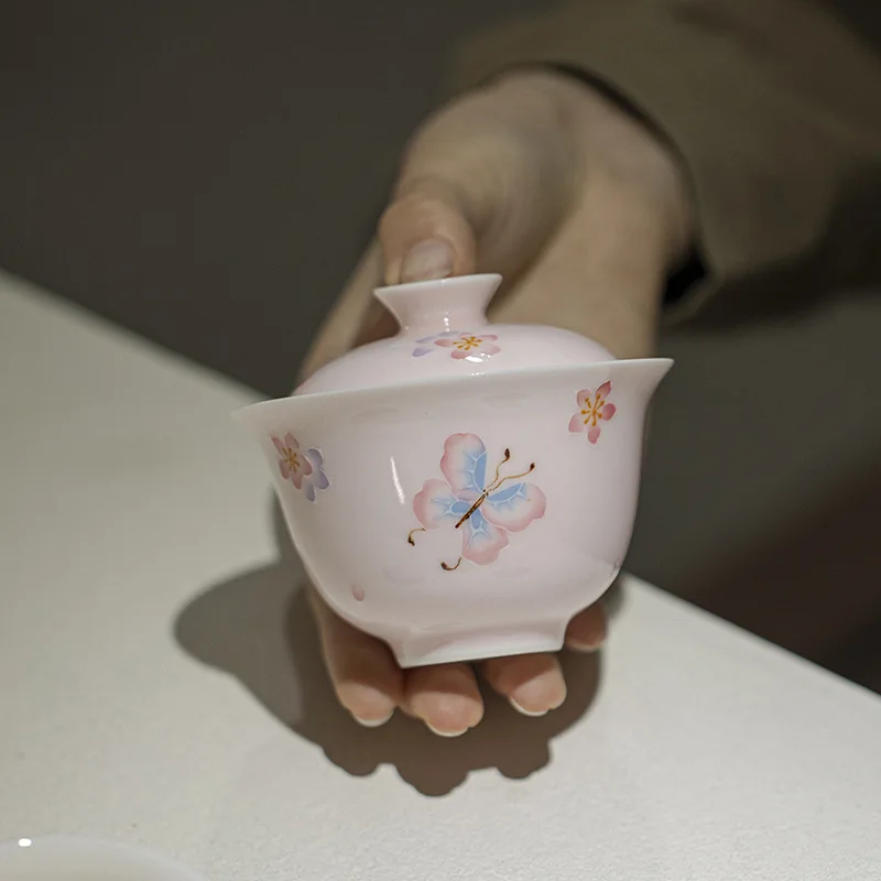 Apricot Pink Hand-painted Arita-yaki Covered Kung Fu Set Ceramic Household Tea Bowl Butterfly Love Flower Cov