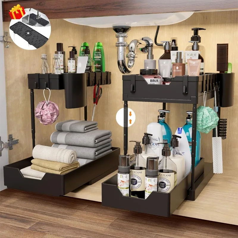 

2 Sets of 2 -Tier Multi-Purpose Under Sink Organizer and Storage, Adjustable Height Pull Out Under Sink Kitchen Bathroom Cabinet