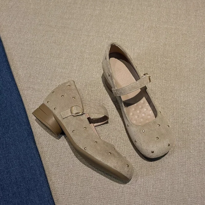 Sepatu Wanita Model Mary Jane Desain Rivet Berhias Batu Rhinestone, Ujung Runcing, Hak Rendah, Sepatu Desainer Mewah