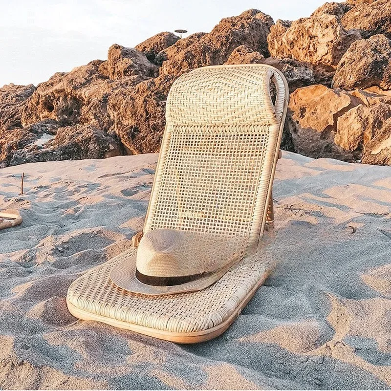 9Uins Beach Chair Rattan Folding Chair Portable Floor Seaside Pool Backrest Rattan  Outdoor Leisure Lounge