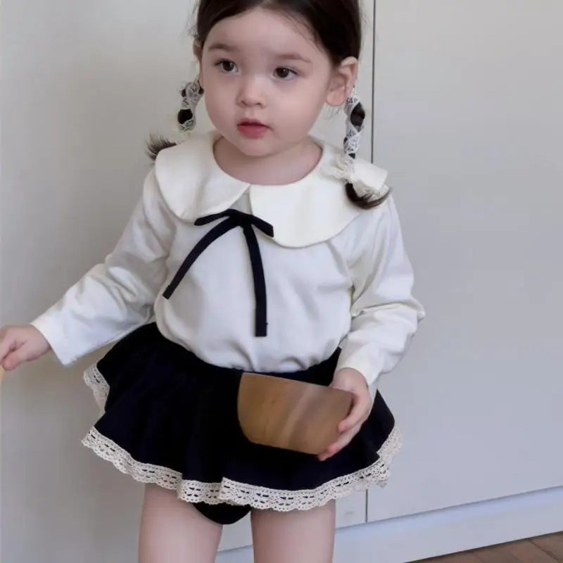 

Осень 2024, новые детские футболки с длинными рукавами, хлопковые милые рубашки с воротником Питера Пэна для девочек, однотонные топы с бантом для малышей