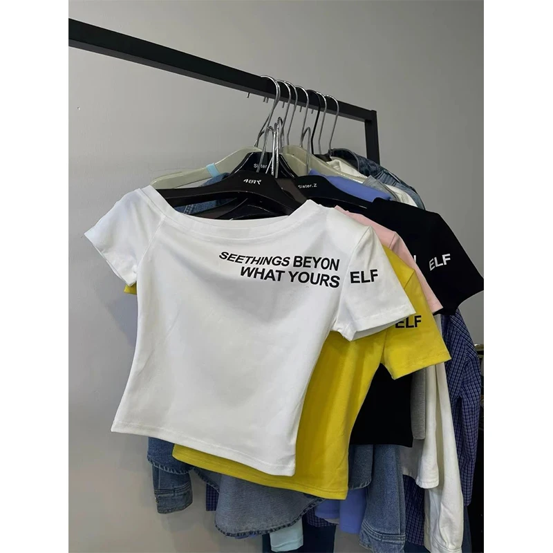 Sommer Neue Sle Slim Fit ort Sve T-shirt oulder Bared Brief Drucken Diagonal Kragen Koreanische Version Seide Material Frauen...