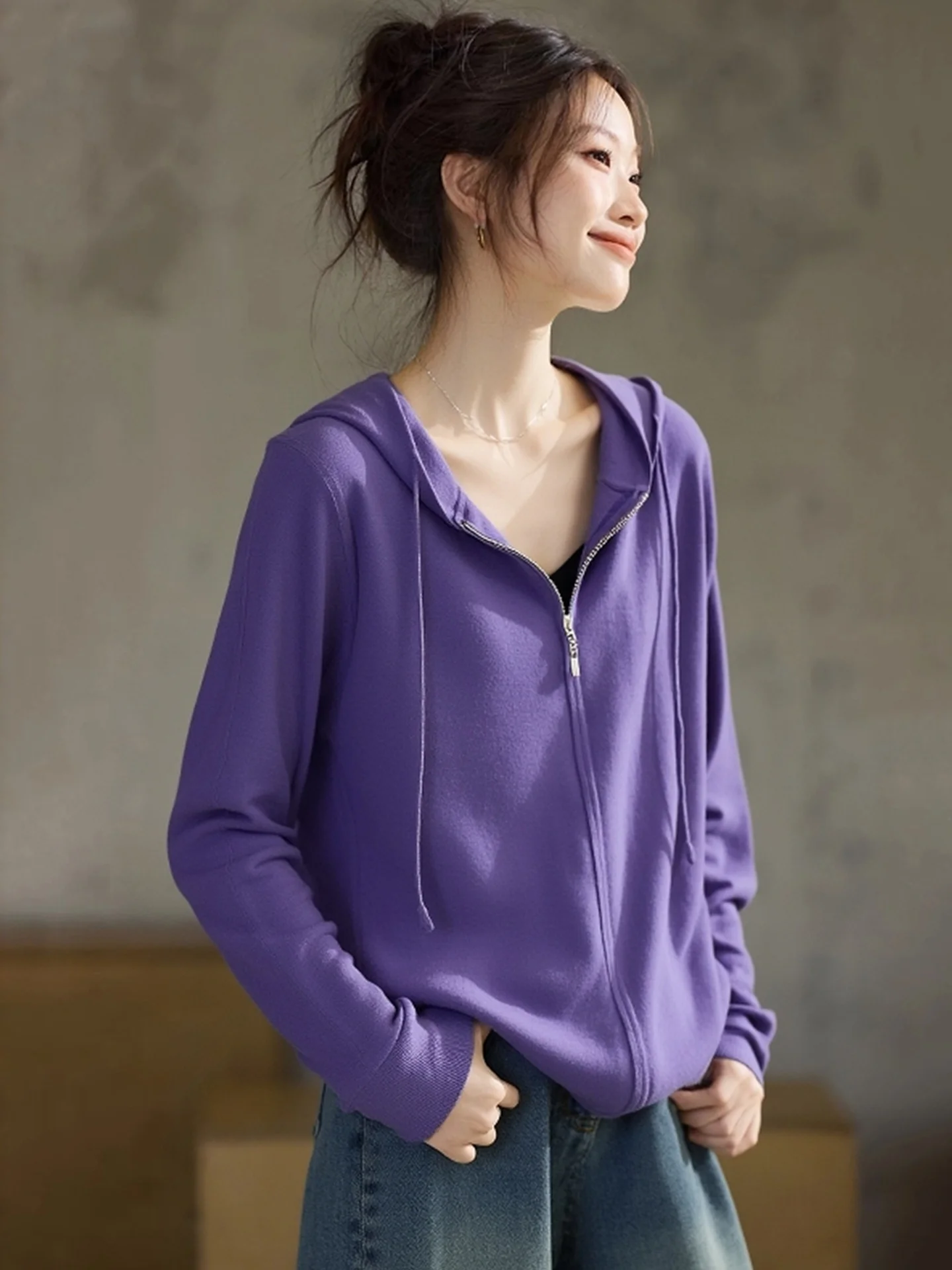 تخفيف متعدد الاستخدامات لون نقي طويل Sve Camere تريكو مقنعين سستة تصميم شتاء جديد Sle تصميم صغير كرو الشعور